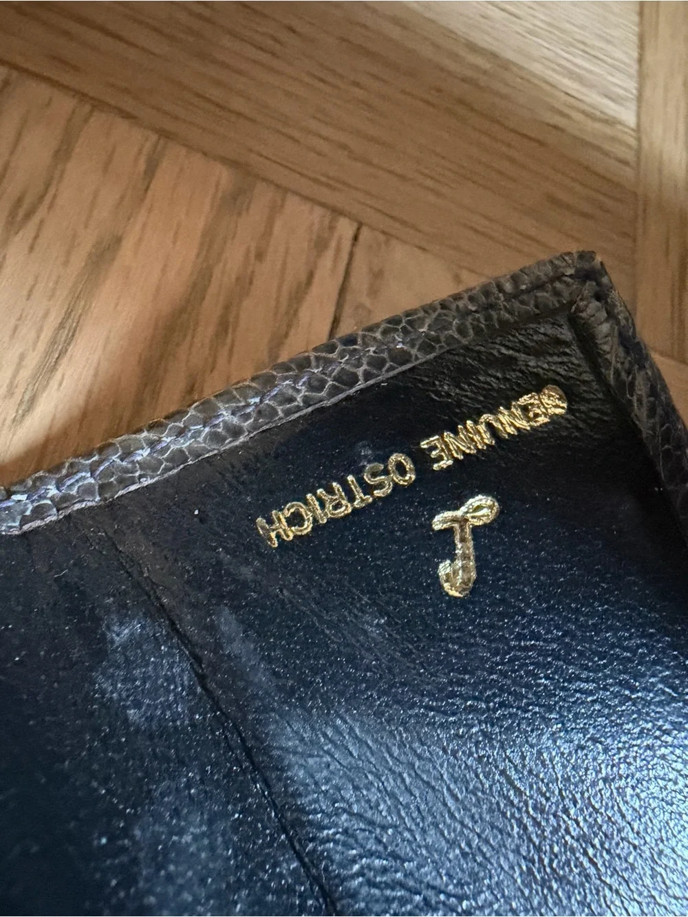 Vintage 1950s Grey Ostrich Leather Card Wallet with Gold Accent